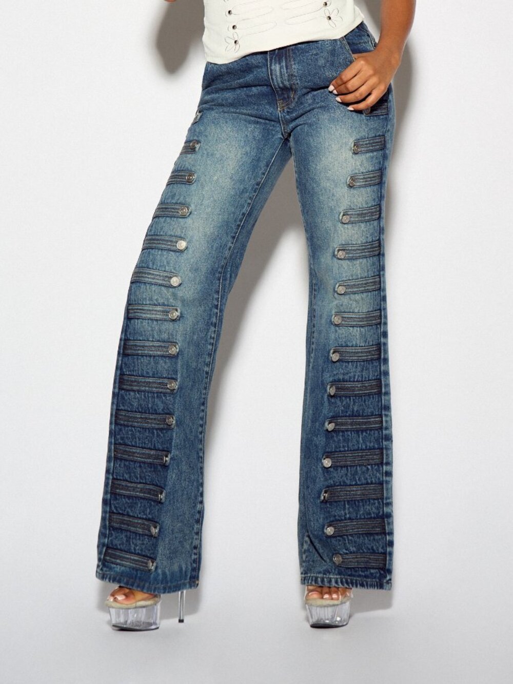 Blue Casual Women's Wide Flared Denim Jeans With Side Button Detail